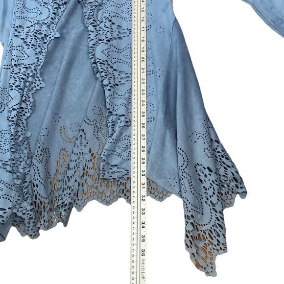 Alberto Makali Light Blue Faux Suede Laser Cut Waterfall Flyaway Cardigan SZ L - Picture 12 of 13